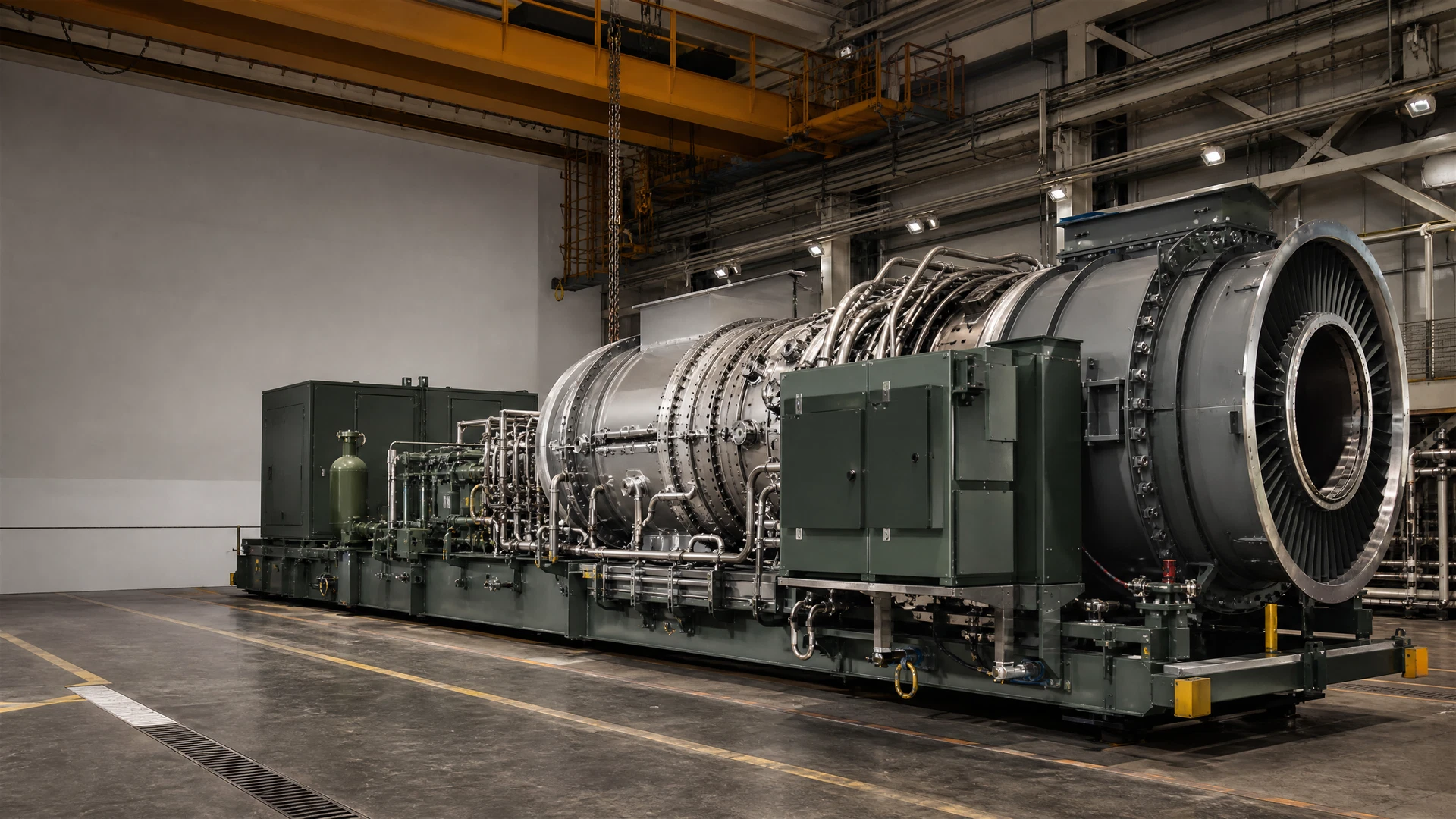 Brand-neutral aeroderivative gas turbine package in a commissioning bay